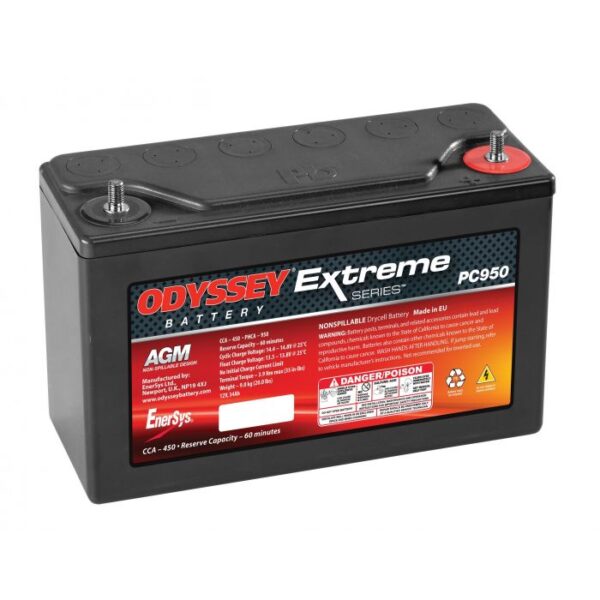 Odyssey Extreme Series Generator Battery - PC950, 12 Volt, 34 Ah, 400 CCA, AGM, Sealed, M6 SS Studs